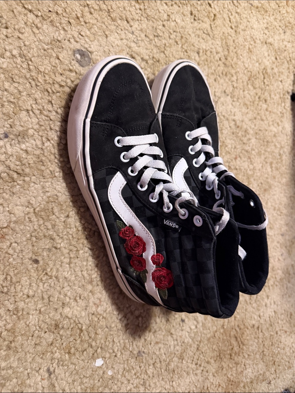 Vans Black High-Top Sneakers with White Stripe and Red Rose Embroidery